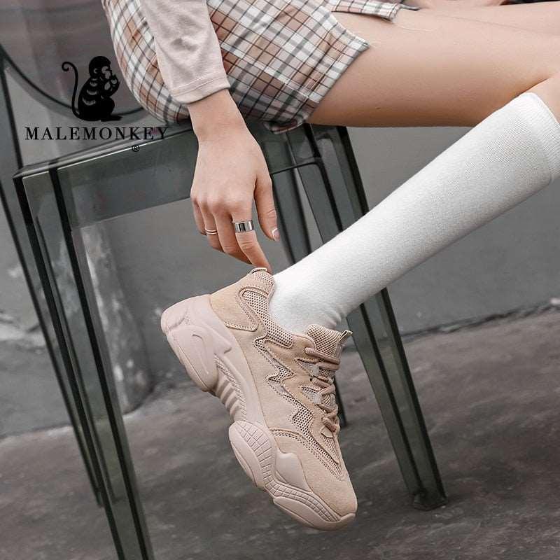 Casual Mesh Platform Sports Shoes Leather Breathable Woman Sneakers 2021 Spring Women's Shoes Lace Up Zapatos De Mujer Beige