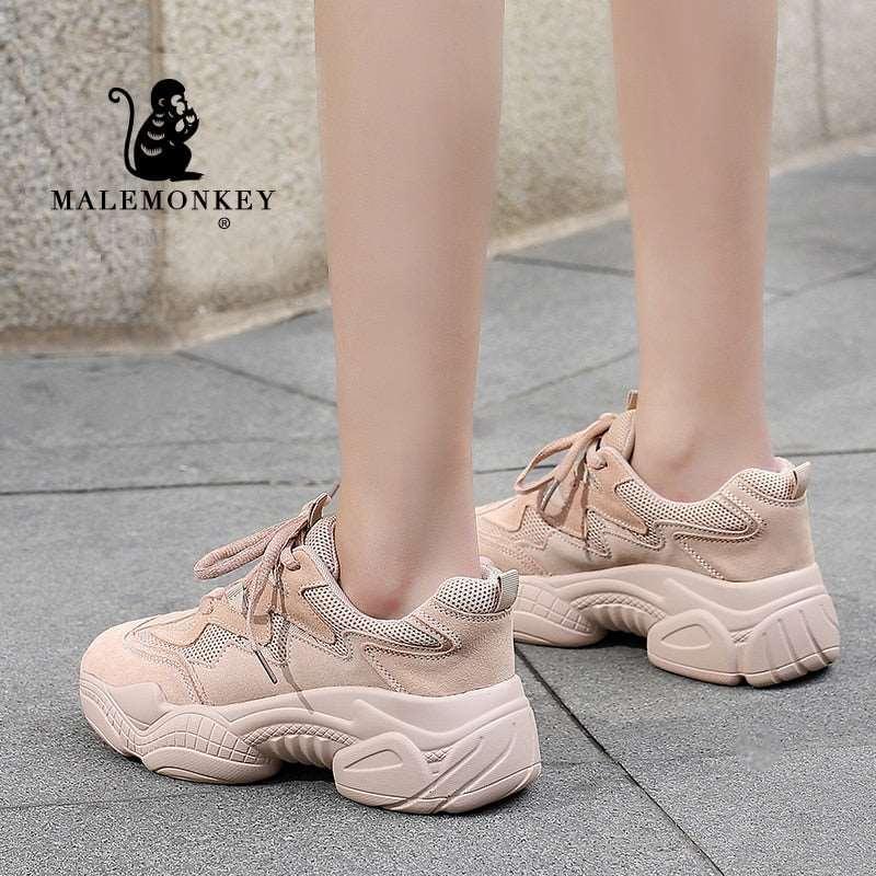 Casual Mesh Platform Sports Shoes Leather Breathable Woman Sneakers 2021 Spring Women's Shoes Lace Up Zapatos De Mujer Beige