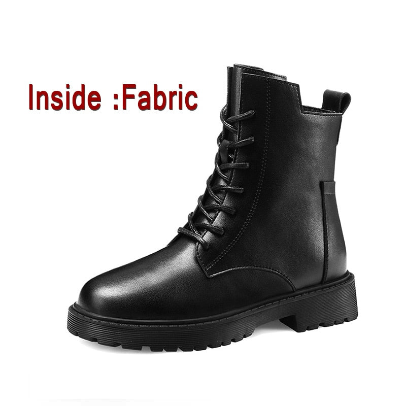 Winter Women Ankle Boots Black Leather 2021 Fashion Autumn Warm Fur Motorcycle Non-slip Waterproof Female Platform Boots Shoes