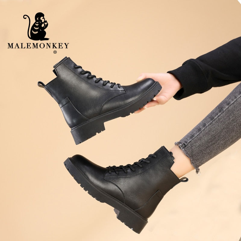 Winter Women Ankle Boots Black Leather 2021 Fashion Autumn Warm Fur Motorcycle Non-slip Waterproof Female Platform Boots Shoes