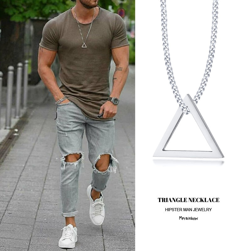 Popular Men Necklace,Interlocking Square Triangle Male Pendant,Stainless Steel Modern Trendy Geometric Necklaces,Hipster Jewelry