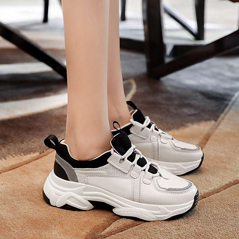 Fashion Sport Casual Sneakers Women 2021 Spring Autumn Leather Breathable Comfortable Sneaker Platform Shoes Women Black