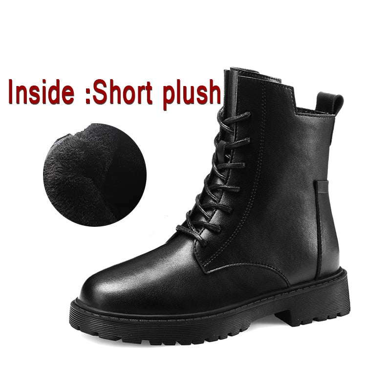 Winter Women Ankle Boots Black Leather 2021 Fashion Autumn Warm Fur Motorcycle Non-slip Waterproof Female Platform Boots Shoes