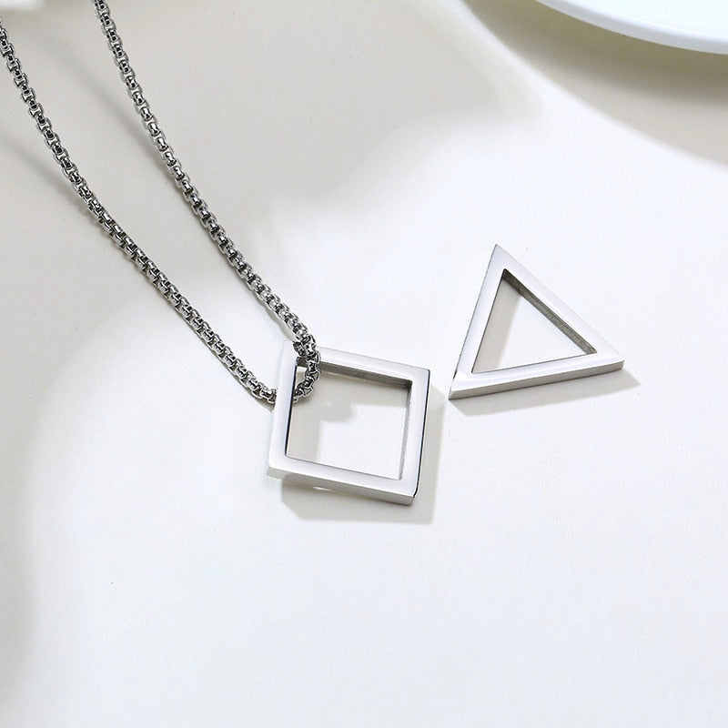 Popular Men Necklace,Interlocking Square Triangle Male Pendant,Stainless Steel Modern Trendy Geometric Necklaces,Hipster Jewelry